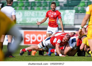 Treviso, Italy, April 03, 2021, Romain Briatte (Agen) Protests With The Referee During Rugby Challenge Cup Benetton Treviso Vs SUA LG Agen