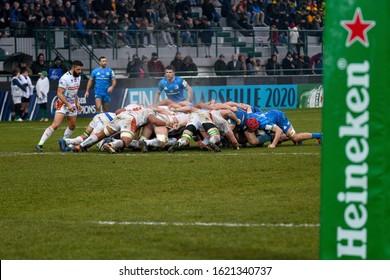 Treviso, Italy, January 18 2020 Scrum During Benetton Treviso Vs Leinster Rugby Rugby Heineken Champions Cup