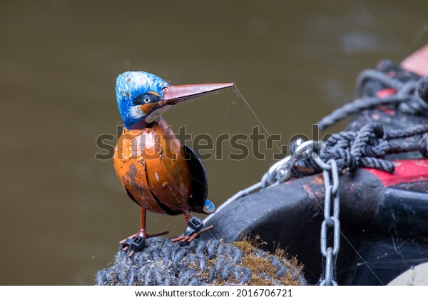 TREVOR
WREXHAM, WALES - JULY 15 : Tin Kingfisher on a narrow boat near
Trevor, Wrexham, Wales, UK on July 15,
2021