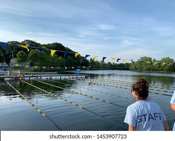 Tri Harder Kids Triathlon, Horseshoe Lake, Succasunna, NJ 07/16/2019  Staff Is Ready For The Racers To Assemble.