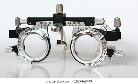 Trial Frame Used In Ophtalmology And Optometry To Diagnose And Correct Refractive Errors - Progressive Lens With 1.0 Addition Are Inserted.