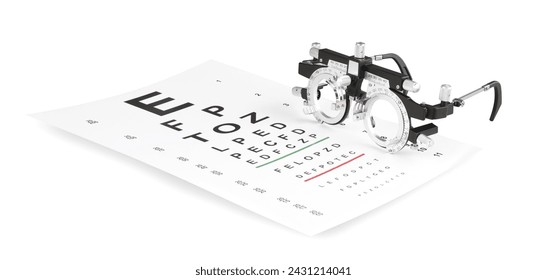 Trial frame and vision test chart isolated on white