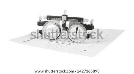 Trial frame and vision test chart isolated on white