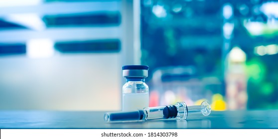 Trial Vaccine Coronavirus Deverlopment Vial Dose Flu Shot Drug Needle Syringe,medical Concept Vaccination Hypodermic Injection Treatment Disease Care Hospital Prevention Immunization Illness Disease.