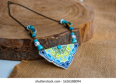 Triangle Boho Ethnic Bib Necklace. Handmade Jewelry Of Polymer Clay.