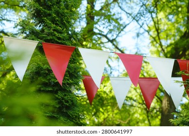 Triangle flags strung between green trees under a blue sky.