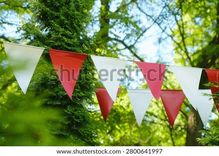 Triangle flags strung between green trees under a blue sky.