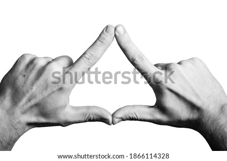 Triangle shape made with fingers. Two hands connected together background. Illuminati triangle. Fingers sign isolated on white.