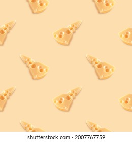 Triangles of delicious cheese on a bright background, seamless pattern.