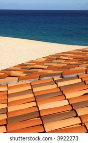 Triangles Formed By A Red Roof, Sand And The Sea At Los Cabos, Baja California, Mexico, Latin America