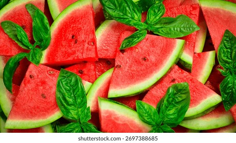 Triangles of sliced watermelon close-up. Watermelon pattern, macro photo. Close-up.