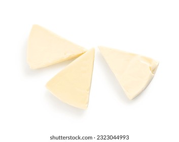 Triangles of tasty processed cheese on white background - Shutterstock ID 2323044993