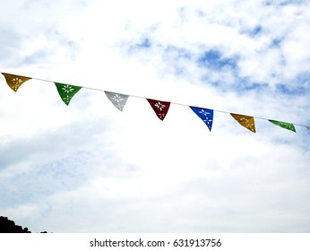 Triangular Colored Flags Fluttering Silhouette Treetop Stock Photo ...