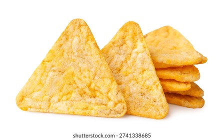 Triangular corn chips close-up on a white background. Isolated