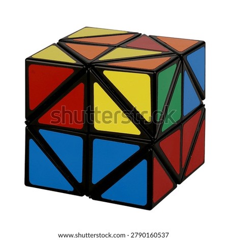 A triangular cube puzzle made of various colors.