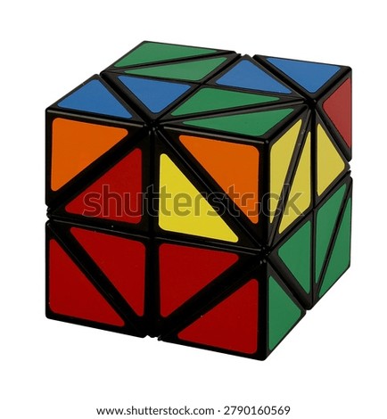 A triangular cube puzzle made of various colors.