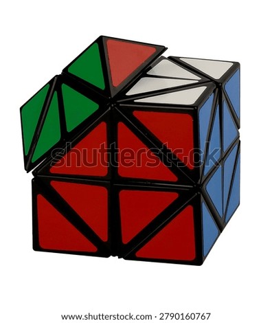 A triangular cube puzzle made of various colors.