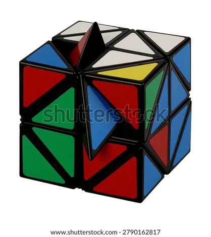 A triangular cube puzzle made of various colors.