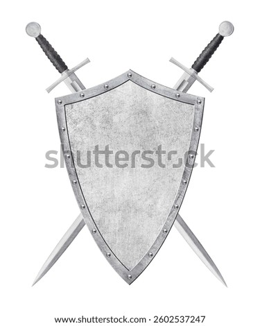 triangular metal shield and two swords isolated on white background