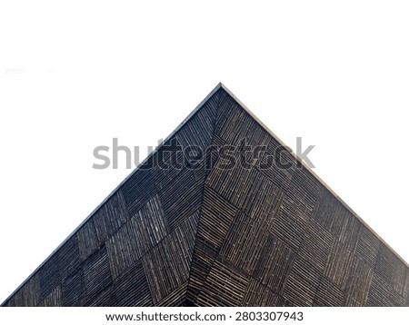 Triangular modern architecture facade made of patterned woven bamboo (Bambusoideae) on white background.