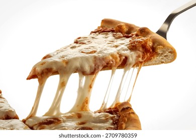 a triangular pizza slice being lifted with a stainless steel spatula