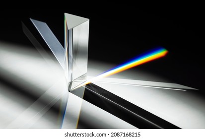 Triangular Prism dispersing sun beam splitting into a spectrum on white background - Shutterstock ID 2087168215