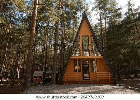 Triangular shaped chalet in a secluded location surrounded by mountain pines.                               