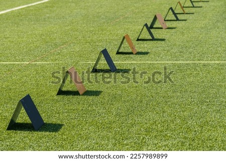Triangular shaped objects arranged in a row on artificial turf archery range