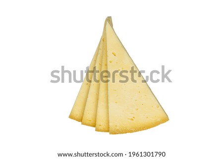 Triangular slice of old cheddar cheese. Piece of yellow cheese with sliced pieces on white background.