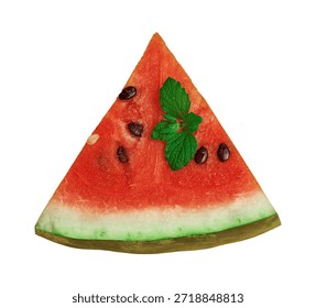 Triangular slice of ripe watermelon with mint on isolated background