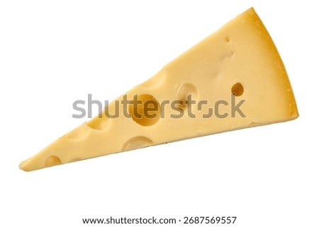 A triangular slice of yellow Swiss cheese featuring its signature holes, sits ready to be eaten, isolated on white background