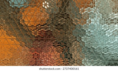 Triangular star-like embossed glass pattern with teal highlights and warm underglow, high-detail texture.