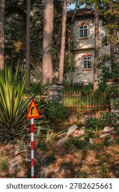 A triangular warning sign stands on a grassy slope next to agave plants and tall pine trees obscuring a two-story residential building.