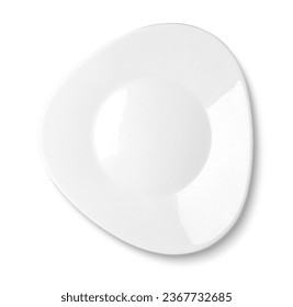 triangular white plate isolated on white background, top view, clipping path