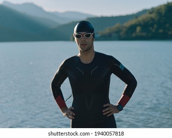 Triathlete Swimmer Portrait Wearing Wetsuit On Training