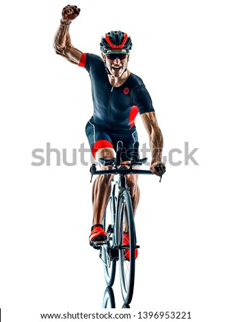 triathlete triathlon Cyclist cycling  in studio silhouette shadow  isolated  on white background