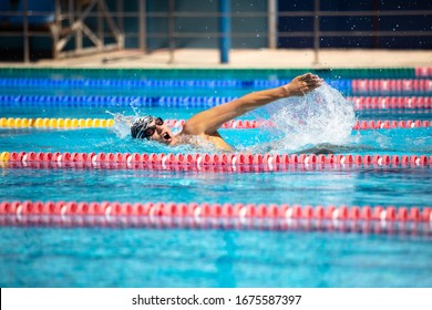 Triathlon fitness athlete training swimming front crawl style in the swimming pool with clear blue water.