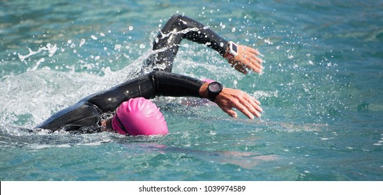 Triathlon Long Distance Swimming, People In Wetsuit Swimming At Triathlon