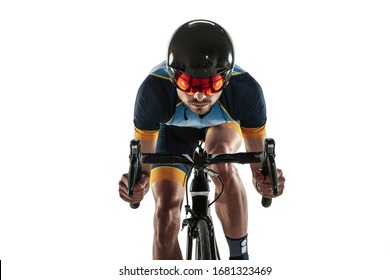 Triathlon Male Athlete Cycle Training Isolated On White Studio Background. Caucasian Fit Triathlete Practicing In Cycling Wearing Sports Equipment. Concept Of Healthy Lifestyle, Sport, Action, Motion.