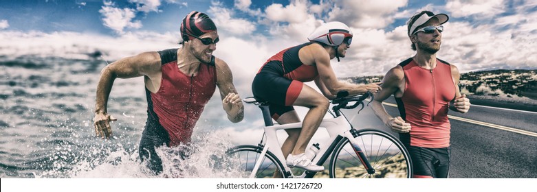 Triathlon sport banner man running , swimming, biking for competition race background. Triathlete swim bike run composite.