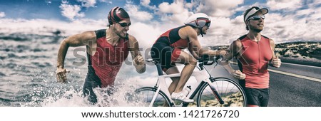 Triathlon sport banner man running , swimming, biking for competition race background. Triathlete swim bike run composite. ストックフォト © 
