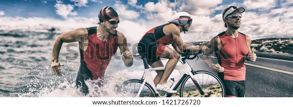 Triathlon\
sport banner man running , swimming, biking for competition race\
background. Triathlete swim bike run\
composite.