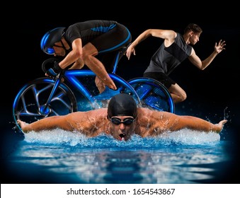 Triathlon sport collage. Man running, swimming, biking for competition race black background