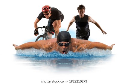 Triathlon Sport Collage. Man Running, Swimming, Biking For Competition Race. Isolated On White Background