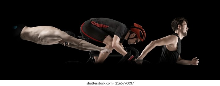 Triathlon Sport Collage. Man Running, Swimming, Biking For Competition Race Black Background