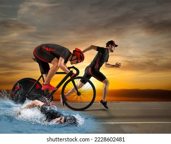 Triathlon sport collage. Man running, swimming, biking for competition race on road background - Powered by Shutterstock