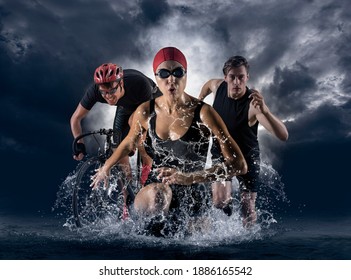 Triathlon Sport Collage. Man, Woman Running, Swimming, Biking For Competition Race