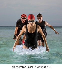 Triathlon Sport Collage. Man, Woman Running, Swimming, Biking For Competition Race