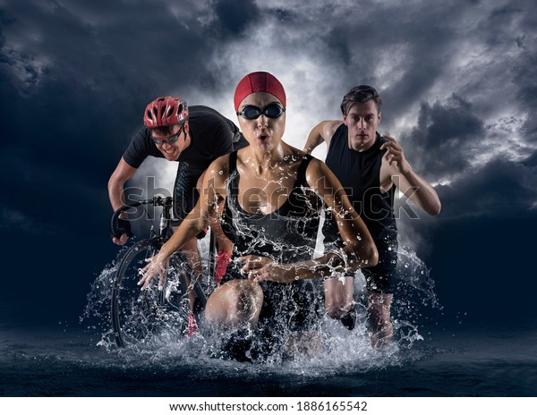 Triathlon sport collage. Man, woman running,\
swimming, biking for competition\
race