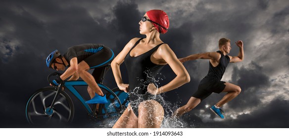 Triathlon Sport Collage. People Running, Swimming, Biking For Competition Race On Sky Background